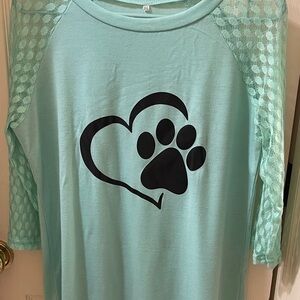 Mint Green Paw Print Top with Lace Sleeves Never Worn!
